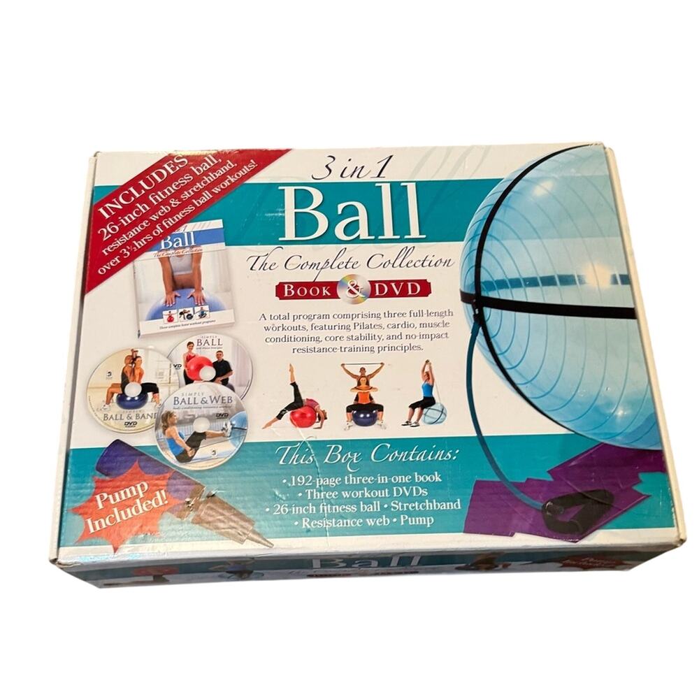 NEW 3-in-1 Fitness Ball Workout Kit‎ Book DVD Set + Bands Pump Complete Set